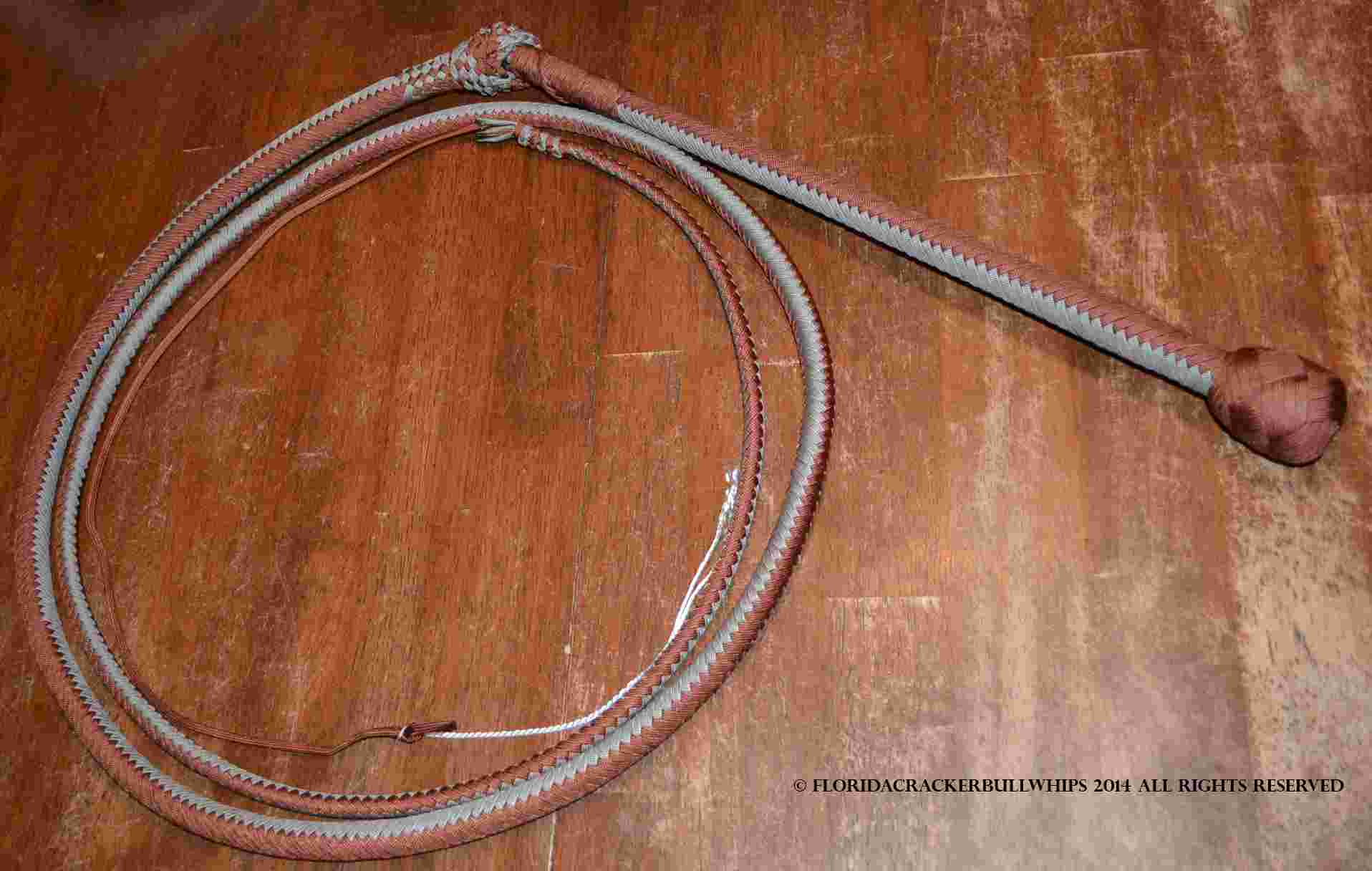  16 plait nylon stock whip in whip makers pattern colors desert tan and gray.